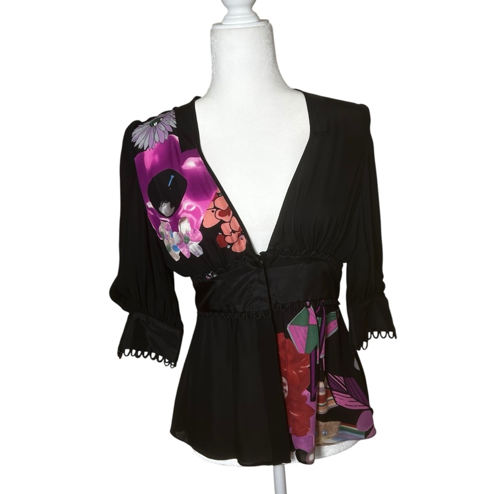 Meghan LA Black Purple 100% silk top blouse art to wear boho sheer womens size 2
